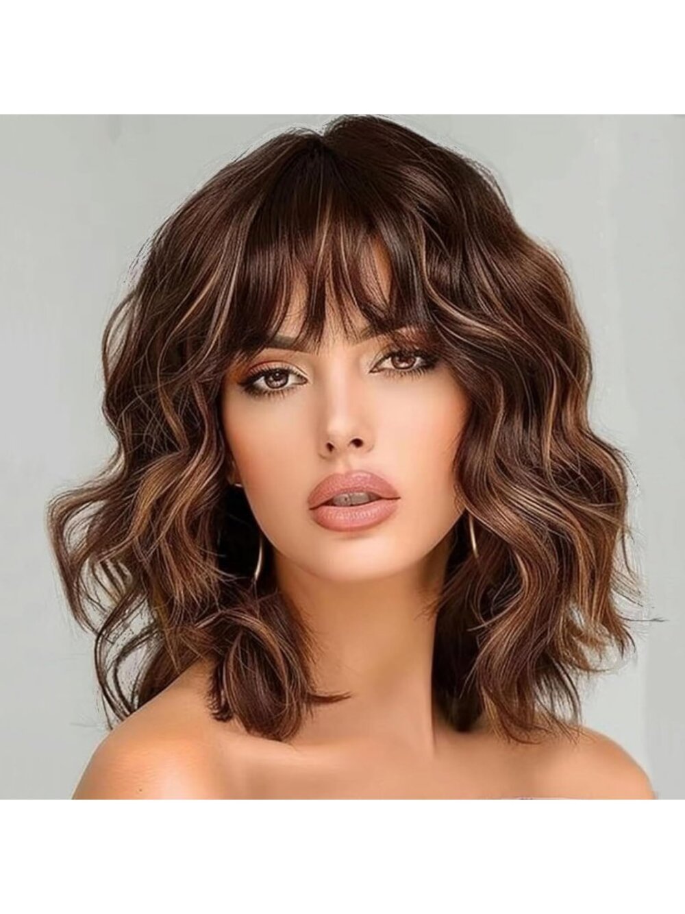 Women's Light Brown 14 Inch Shoulder Length Short Wavy Hair Bob Wig with Bangs